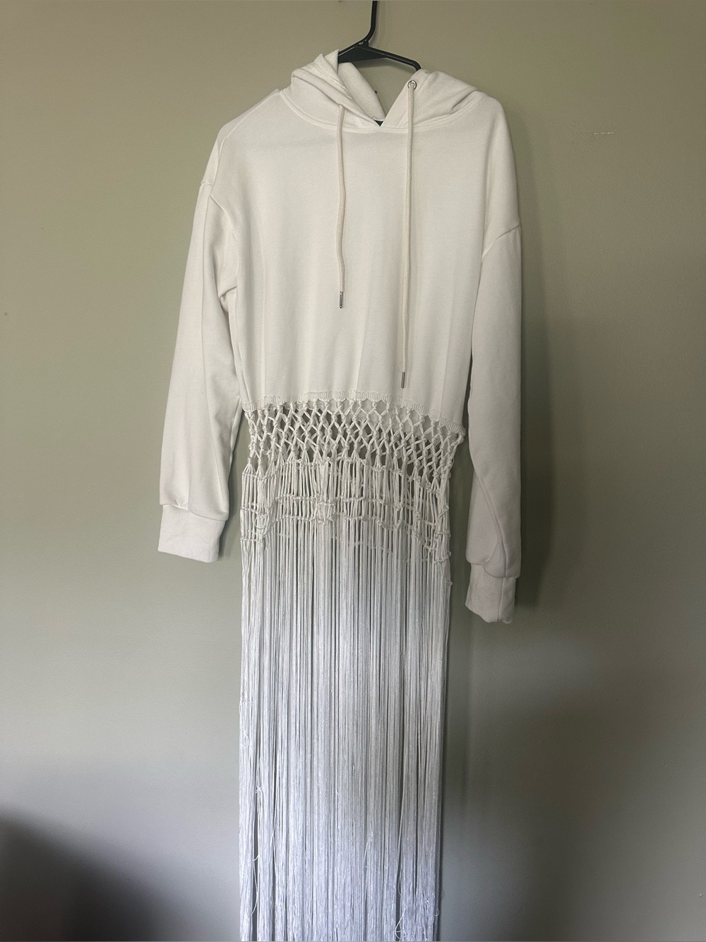 AKIRA White Hooded Maxi Dress with Macramé Fringe
